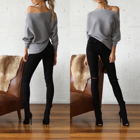 Ribbed Off Shoulder Dolman Sleeve Slouchy Sweater - Picture 2 of 8